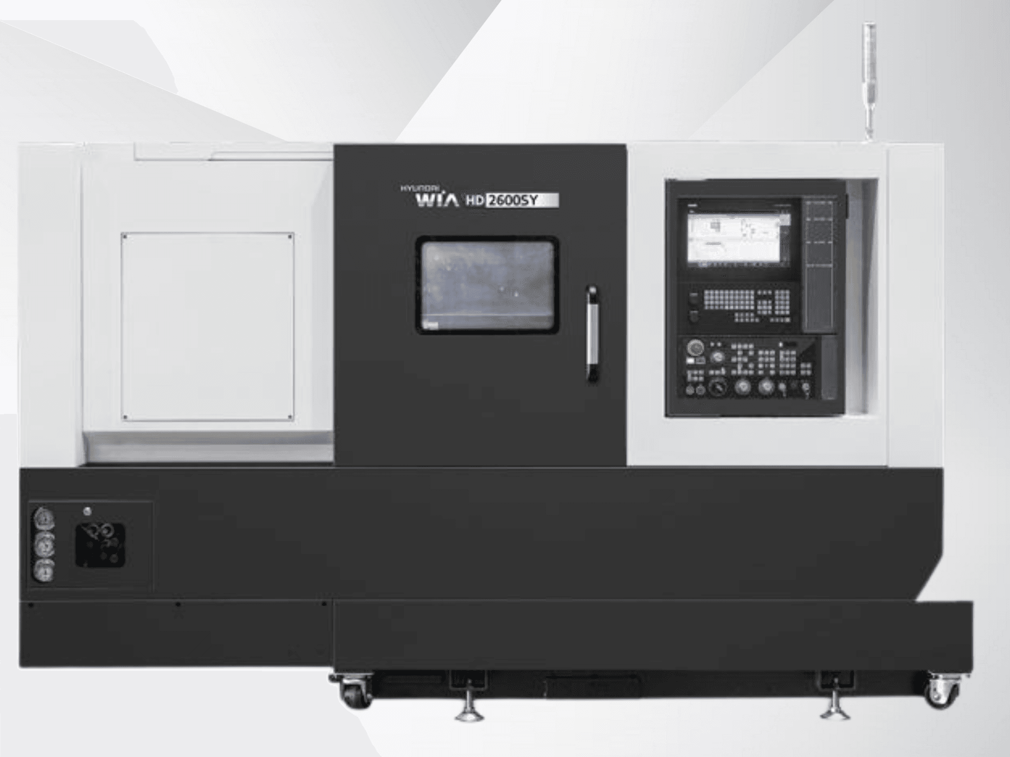 CNC tokarski stroj Hyundai WIA HD 2600SY, prednji pogled; uključuje digitalnu upravljačku ploču i prostor za pohranu alata, prikazujući tehničke značajke.