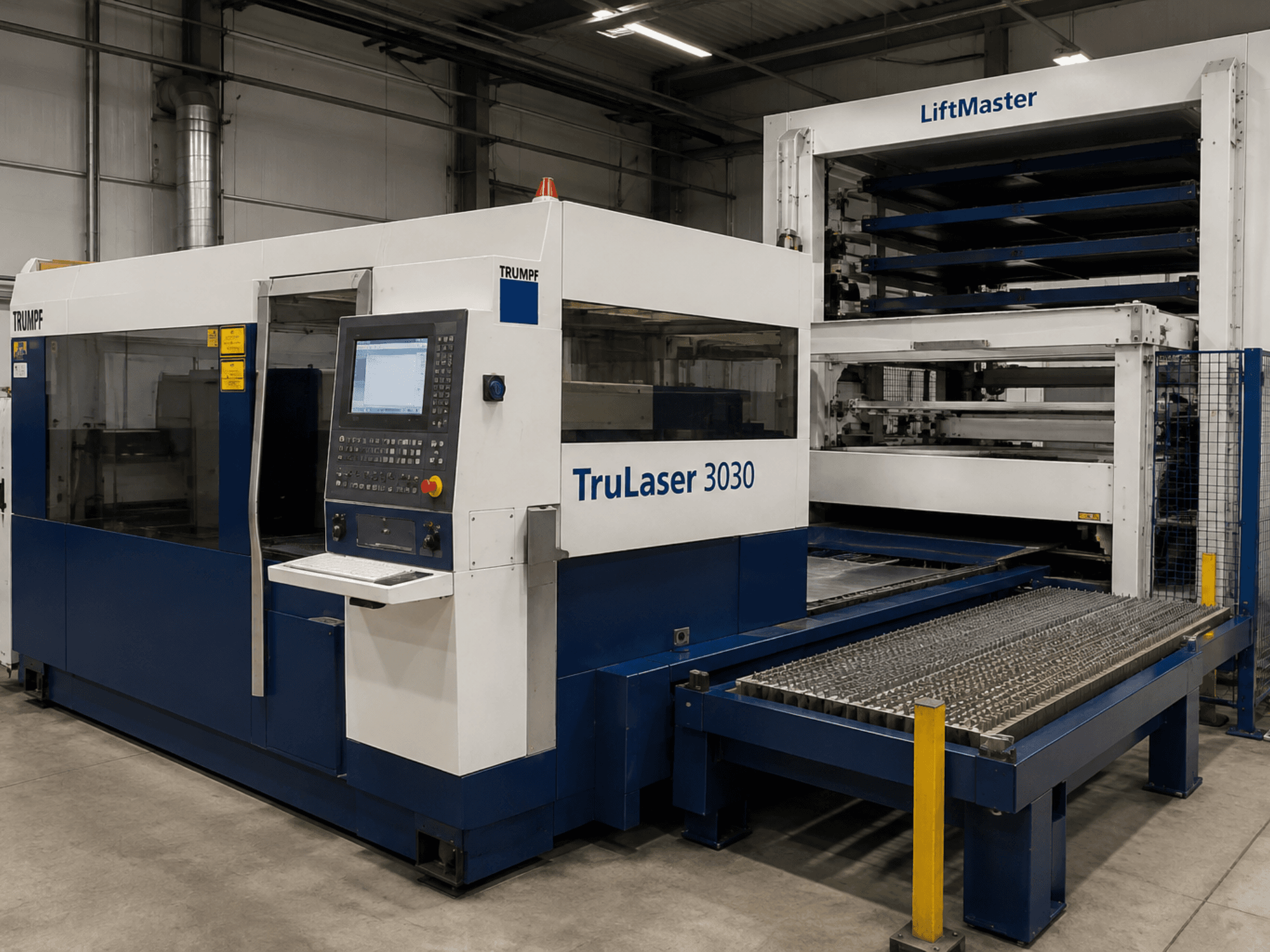Prednji pogled na TRUMPF TruLaser 3030 CO2 stroj za lasersko rezanje s LiftMasterom, s upravljačkom pločom i stolom za obradu lima.