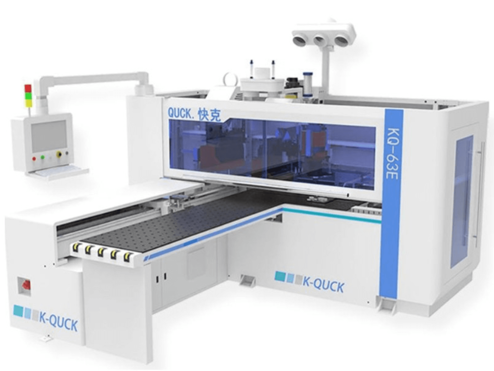 Stroj K-QUICK KQ-63E, pogled sprijeda, ima upravljačku ploču, prozirno kućište i ravni transporter s više valjaka.