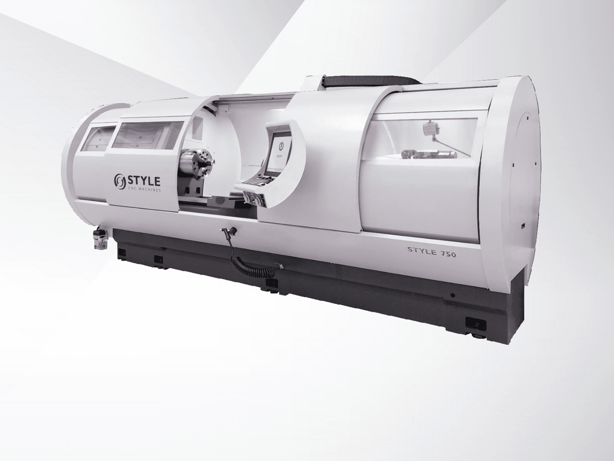 CNC tokarski stroj STYLE 750, prednji pogled, ima veliki prozor, upravljačku ploču i preciznu mehaniku za naprednu obradu.