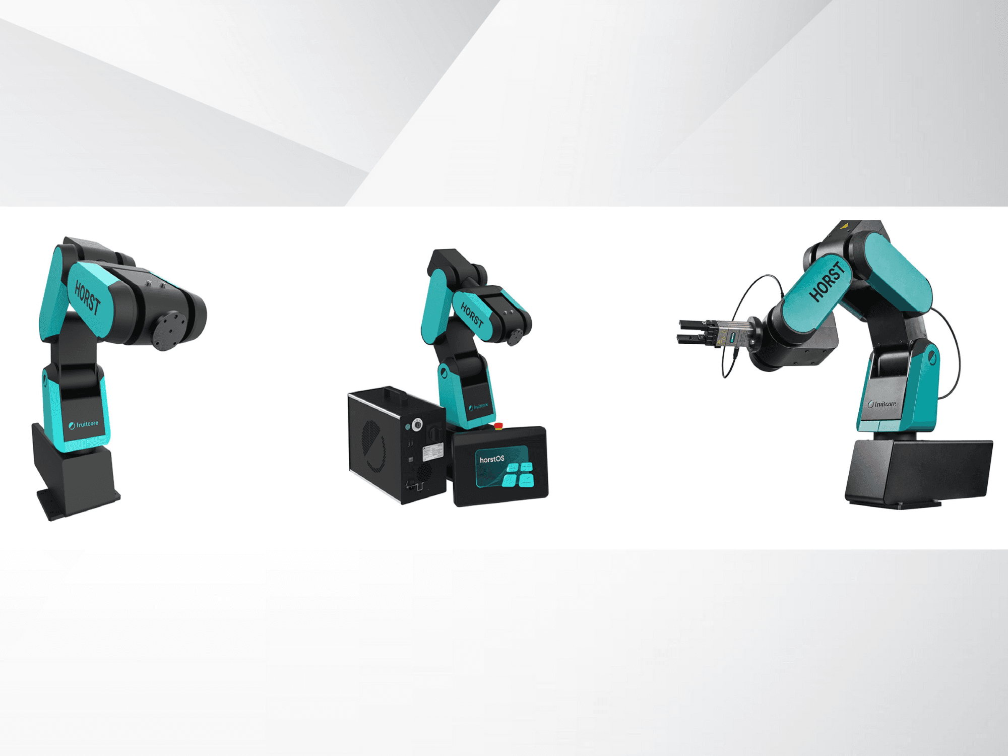 Tri prikaza Horstove robotske ruke tvrtke Fruitcore, s naglaskom na njezin crno-tirkizni dizajn, upravljačku ploču i dodatak za hvatanje.