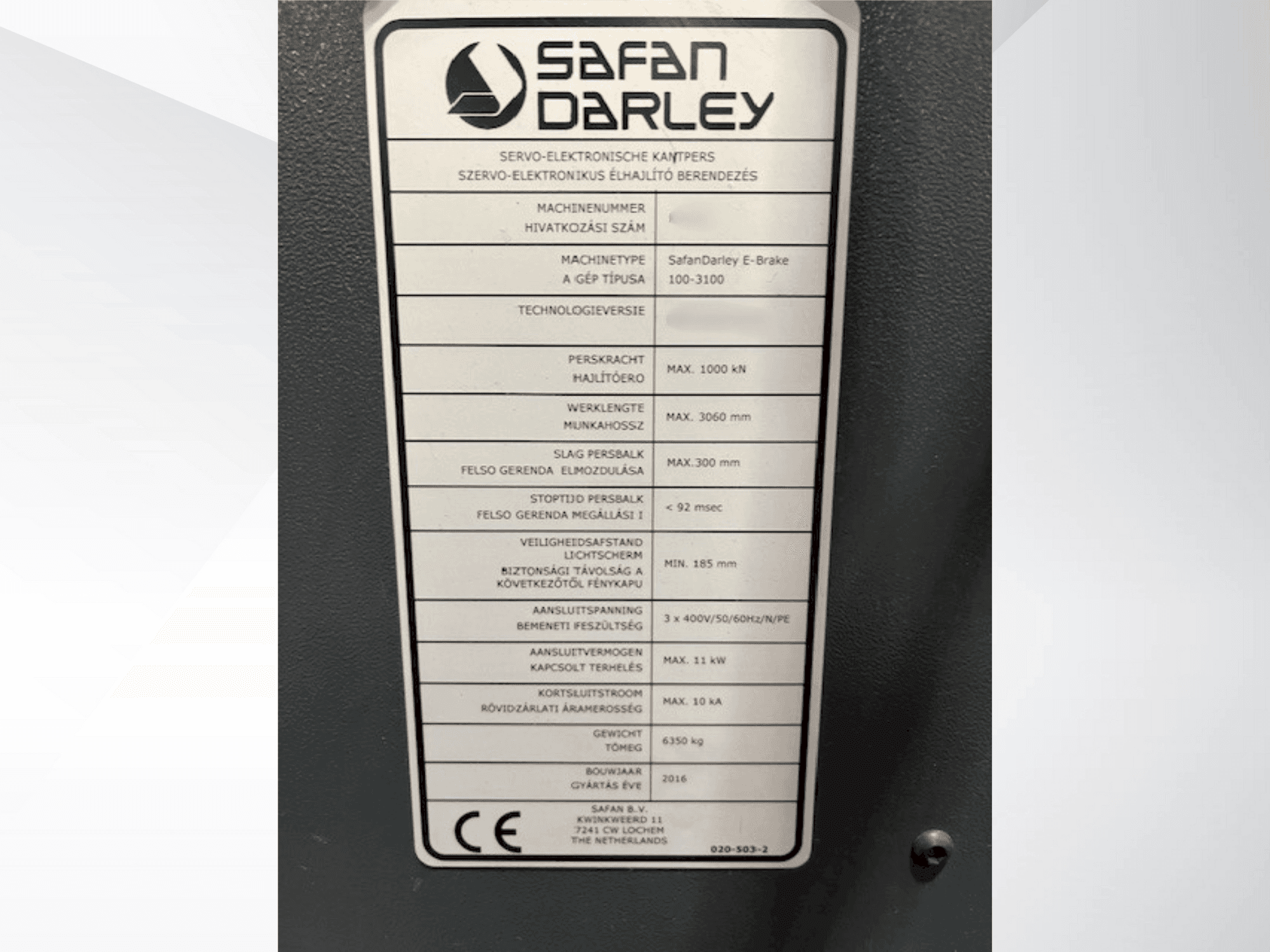 Prikaz stroja Safan E Brake 100 3100 sprijeda