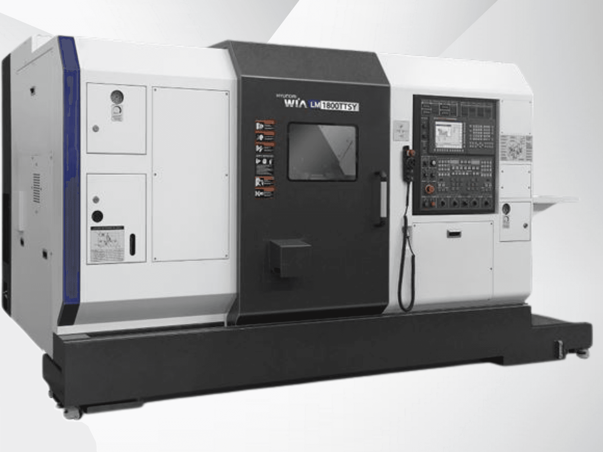 Hyundai LM1800TTSY CNC tokarski stroj, prednji pogled, ima upravljačku ploču, crno-bijeli vanjski dio i operativne tipke.